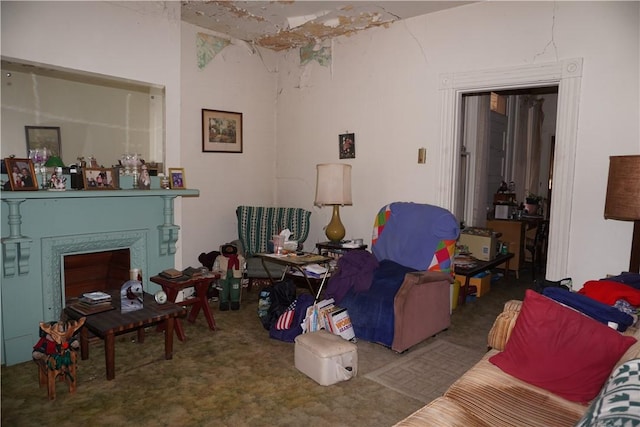 living area featuring carpet floors and a high end fireplace