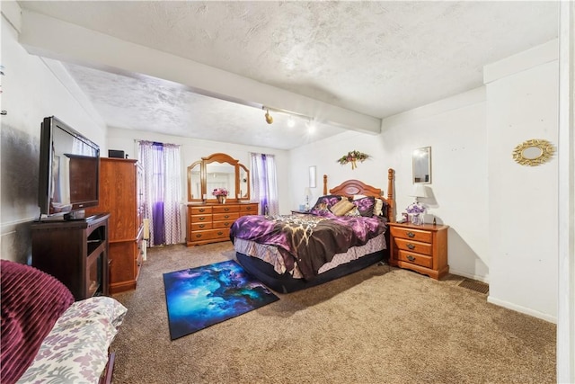 bedroom featuring visible vents, beam ceiling, carpet flooring, and a textured ceiling