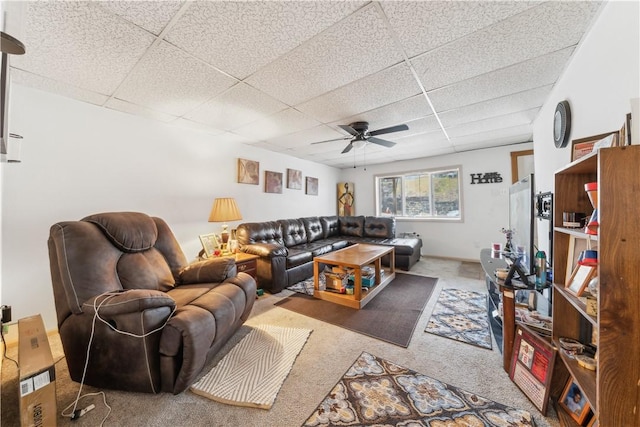 carpeted living area with a ceiling fan and a drop ceiling