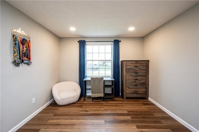 misc room with recessed lighting, dark wood finished floors, and baseboards