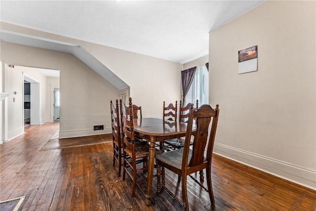 dining area featuring dark wood-style floors, visible vents, and baseboards