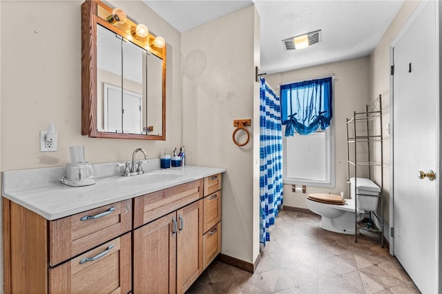 full bathroom featuring baseboards, visible vents, vanity, and toilet