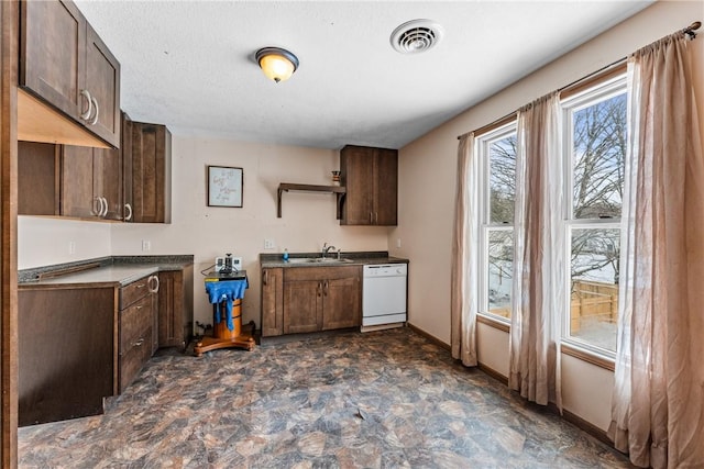 kitchen with a sink, visible vents, dark brown cabinets, and dishwasher