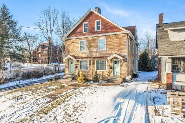 view of front of home with entry steps and stone siding