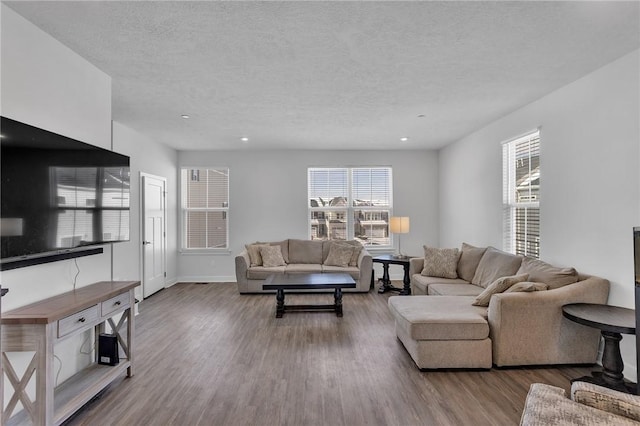 living room featuring a textured ceiling, baseboards, and wood finished floors