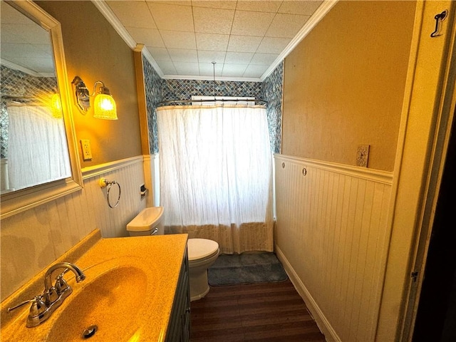 bathroom with toilet, a wainscoted wall, wood finished floors, vanity, and ornamental molding