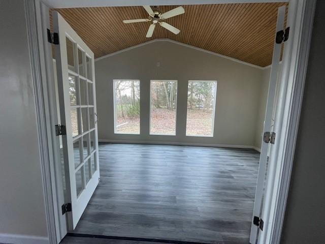 interior space featuring lofted ceiling, dark wood-style floors, plenty of natural light, and a ceiling fan