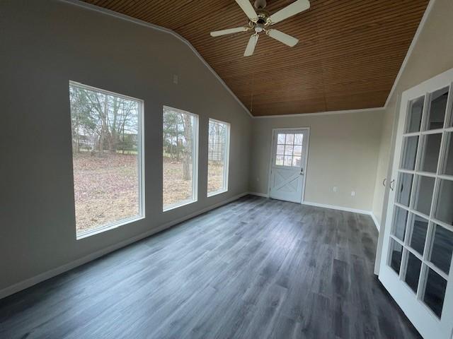 unfurnished sunroom featuring lofted ceiling, wooden ceiling, and ceiling fan