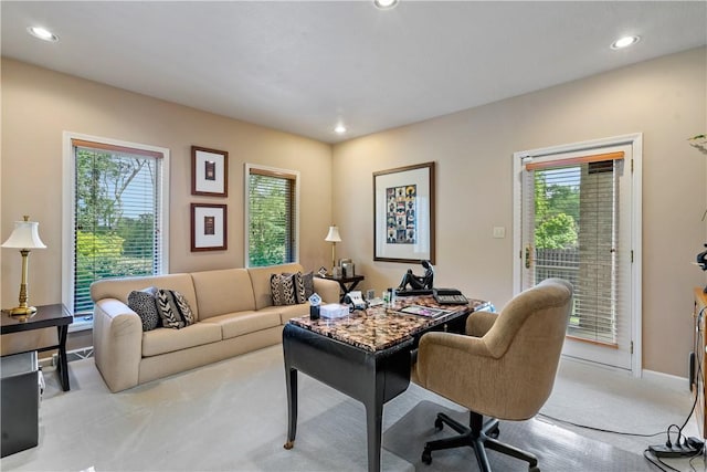 home office with baseboards and recessed lighting