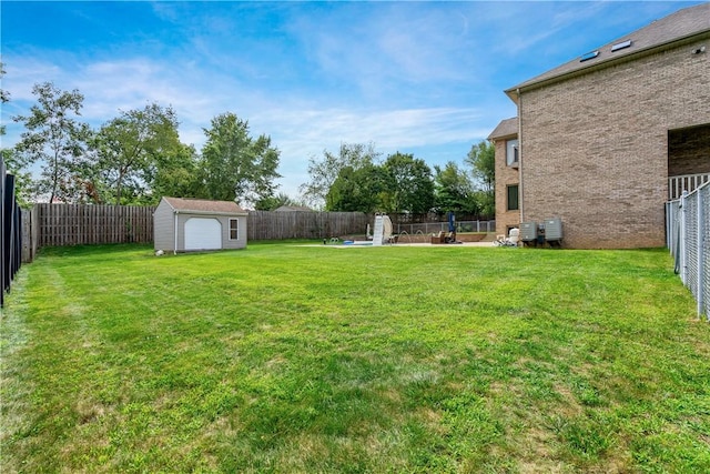 view of yard with a storage unit, an outdoor structure, and a fenced backyard