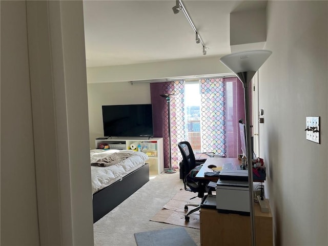 bedroom featuring light colored carpet and track lighting