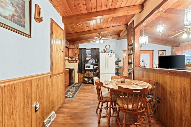 dining space with a wainscoted wall, wood ceiling, ceiling fan, vaulted ceiling with beams, and wood walls