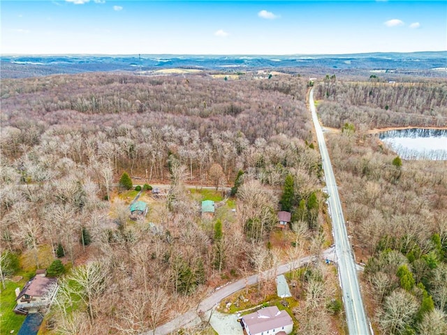 birds eye view of property featuring a forest view and a water view