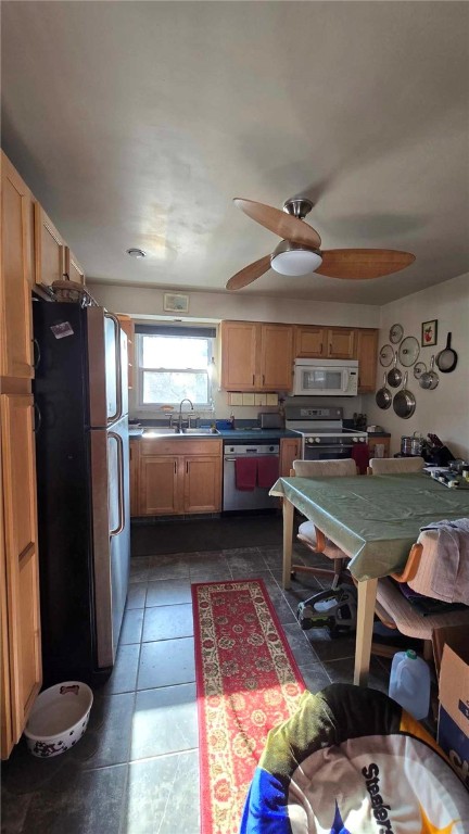 kitchen with a ceiling fan, appliances with stainless steel finishes, a sink, and dark tile patterned flooring