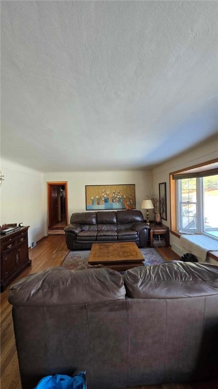 living room with a textured ceiling and wood finished floors