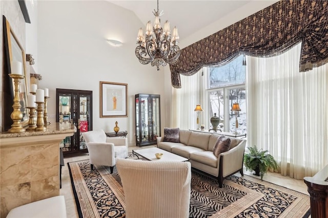 interior space with an inviting chandelier, plenty of natural light, and high vaulted ceiling