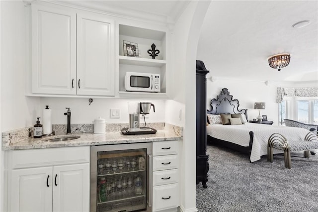 2001 Old Orchard Pl, Adams Twp, PA 15044 - bar featuring crown molding, a sink, indoor wet bar, white microwave, and wine cooler