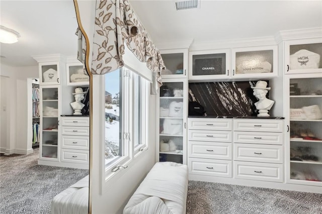 walk in closet featuring visible vents and dark carpet