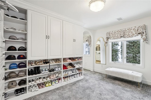 spacious closet featuring arched walkways, visible vents, and light colored carpet