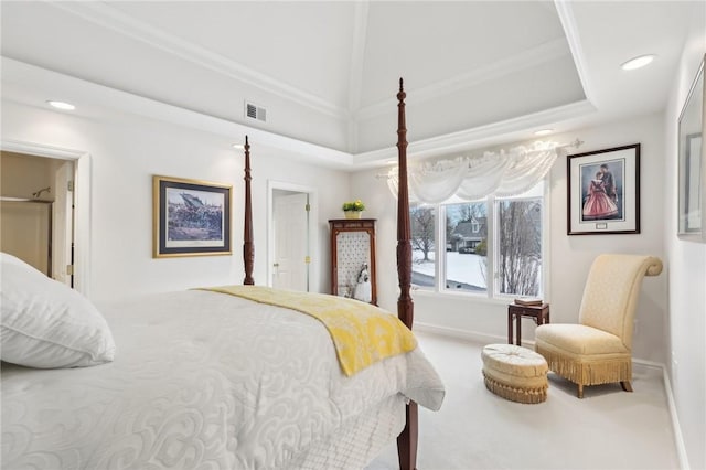 carpeted bedroom with visible vents, baseboards, and recessed lighting