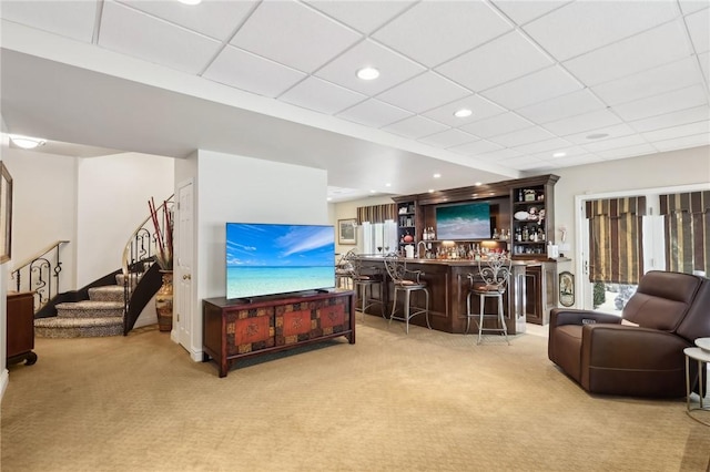 2001 Old Orchard Pl, Adams Twp, PA 15044 - living room with recessed lighting, bar area, light carpet, and stairway