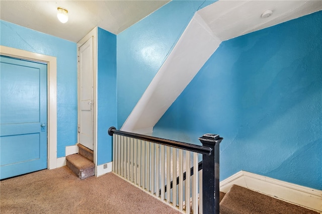 interior space with baseboards, carpet flooring, and a textured wall