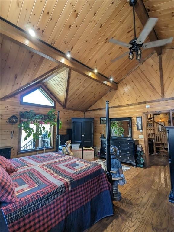 bedroom featuring wood ceiling, wood walls, wood finished floors, and beam ceiling