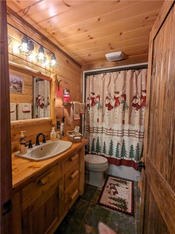 full bath featuring shower / tub combo, toilet, wood ceiling, vanity, and wood walls