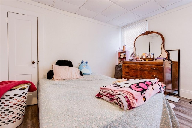 bedroom featuring dark wood-style flooring and a drop ceiling