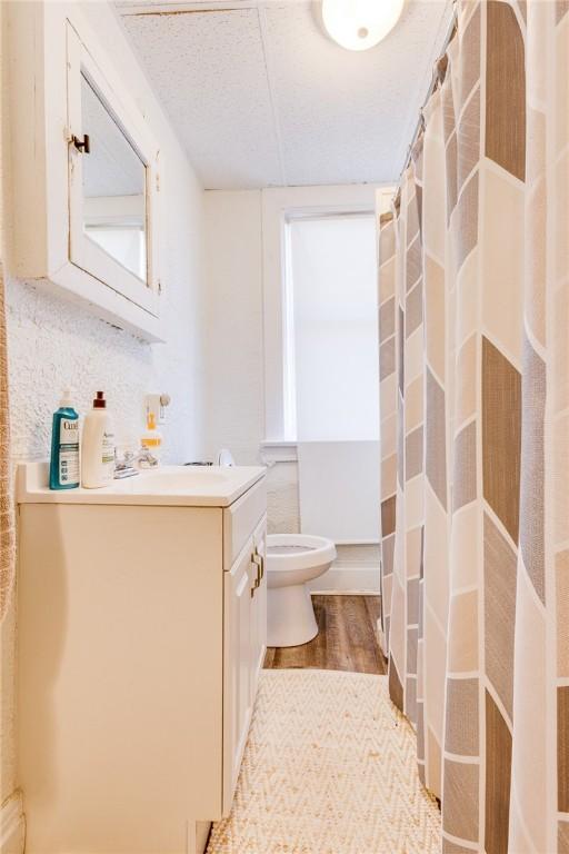 full bathroom featuring toilet, wood finished floors, vanity, and a healthy amount of sunlight