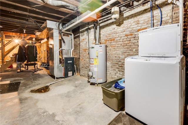 unfinished below grade area with heating unit, brick wall, and gas water heater