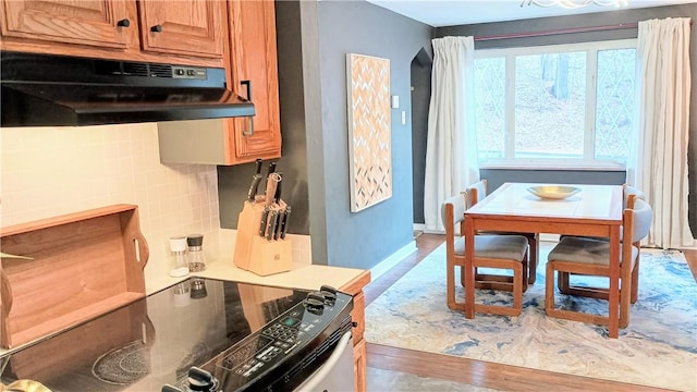 kitchen featuring decorative backsplash, brown cabinetry, wood finished floors, under cabinet range hood, and baseboards