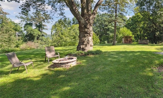 view of yard featuring an outdoor fire pit