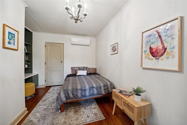 bedroom with a wall unit AC, crown molding, dark wood-type flooring, and a notable chandelier