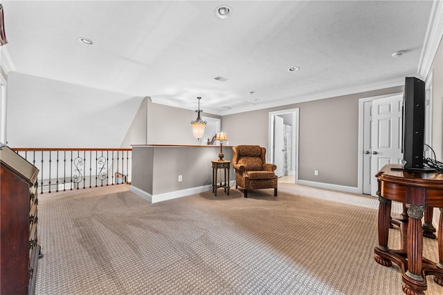 living area featuring light carpet, baseboards, crown molding, and recessed lighting