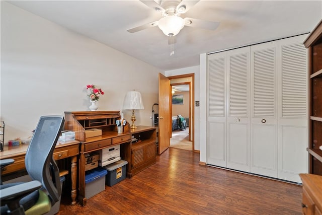 office featuring dark wood finished floors and a ceiling fan