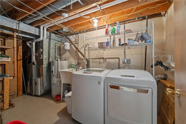 laundry room with laundry area, electric water heater, and washing machine and clothes dryer