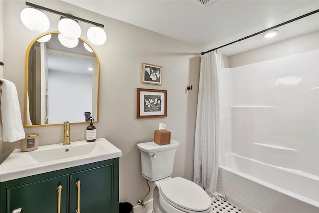 bathroom featuring toilet, shower / bath combination with curtain, and vanity