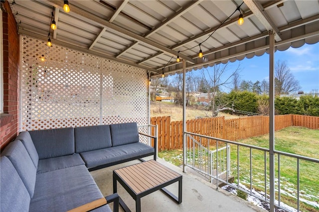 view of patio with a fenced backyard and an outdoor hangout area