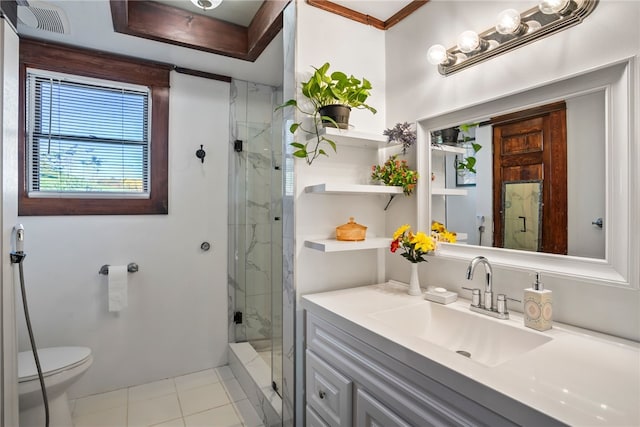 bathroom with a marble finish shower, visible vents, toilet, tile patterned flooring, and vanity