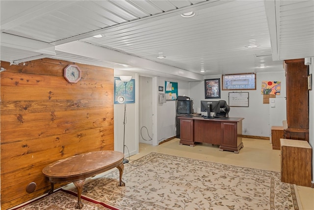 home office with finished concrete flooring, recessed lighting, and baseboards