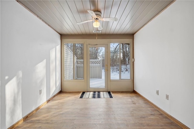 doorway to outside with wooden ceiling, visible vents, a ceiling fan, baseboards, and light wood-type flooring