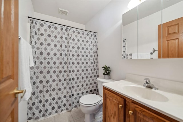 full bathroom with visible vents, vanity, toilet, and tile patterned floors