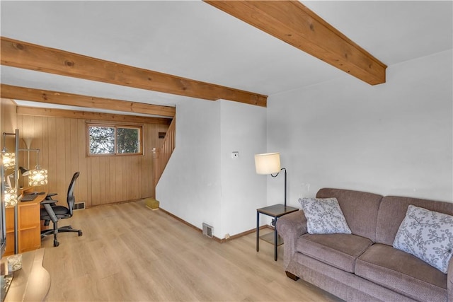 office area with wood walls, light wood-style flooring, visible vents, and beam ceiling