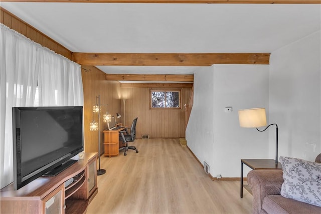 home office with beam ceiling, light wood finished floors, visible vents, wooden walls, and baseboards