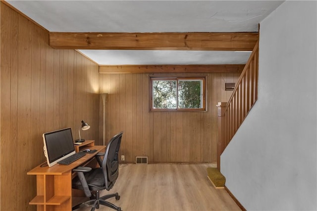 office space with light wood-type flooring, visible vents, beamed ceiling, and wooden walls