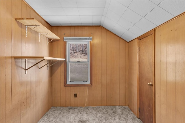 walk in closet featuring vaulted ceiling and light colored carpet