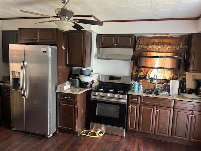 2504 Olympia St, Mckeesport, PA 15132 - kitchen featuring stainless steel appliances, ventilation hood, crown molding, ceiling fan, and dark wood-style floors