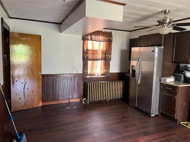 2504 Olympia St, Mckeesport, PA 15132 - kitchen featuring stainless steel refrigerator with ice dispenser, radiator, a wainscoted wall, dark wood-style floors, and ceiling fan
