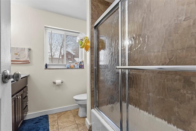 bathroom with enclosed tub / shower combo, tile patterned flooring, toilet, vanity, and baseboards